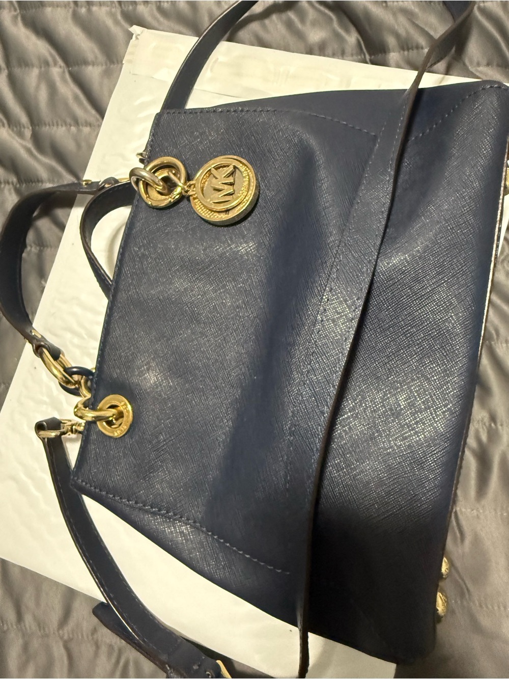Michael Kors Navy Saffiano Leather Satchel with Gold Accent